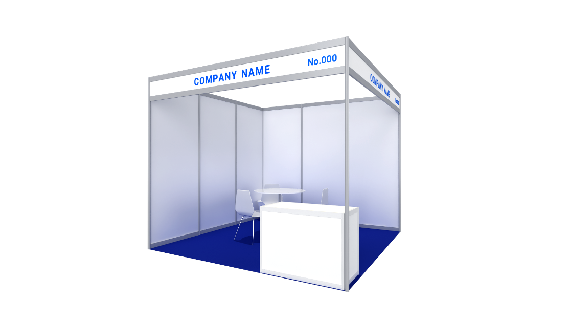 Shell scheme booth render: modular system with fascia board, information counter, table and chairs